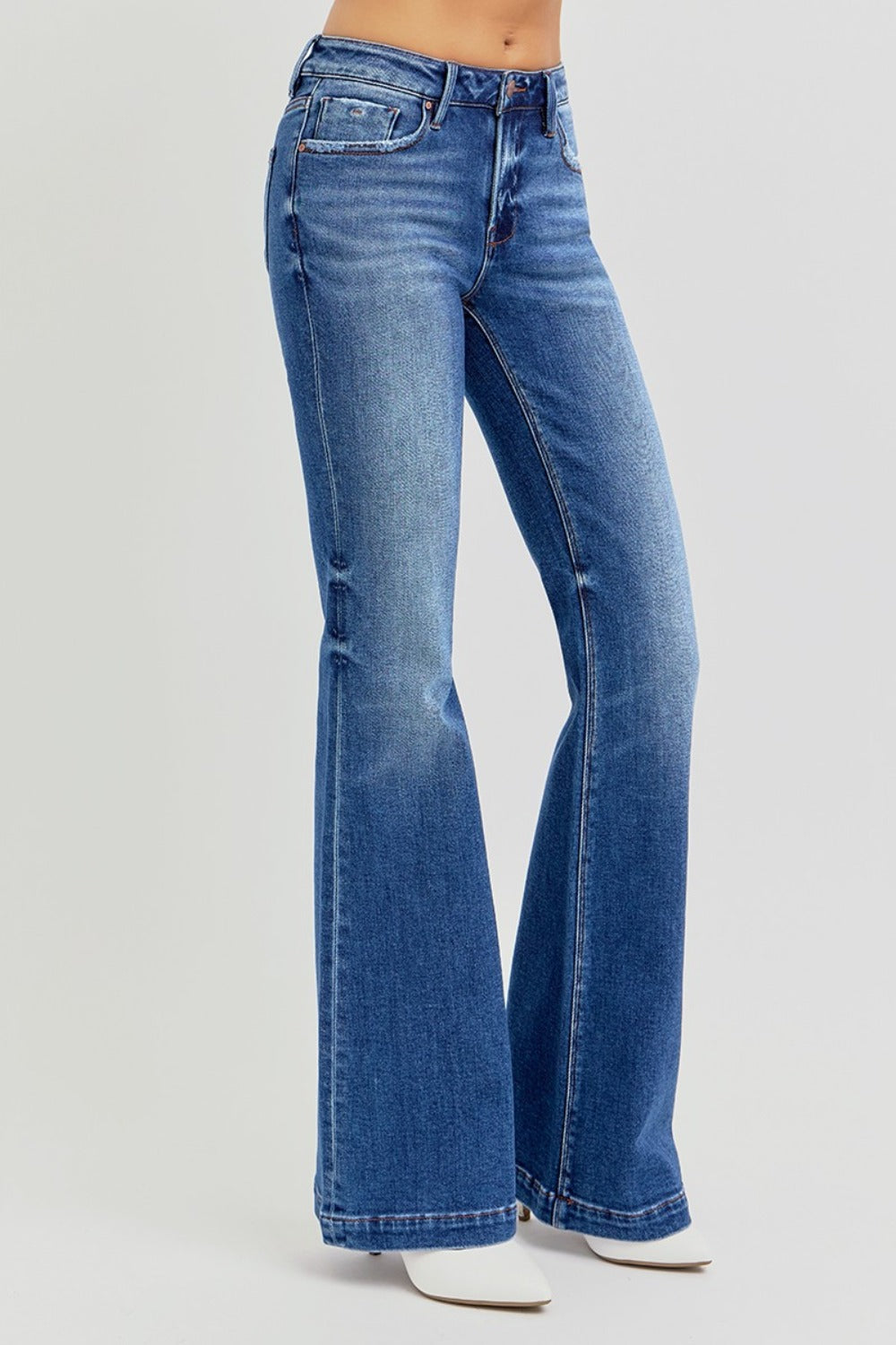 RISEN Full Size Low Rise Flare Jeans with Pockets - Folded Express