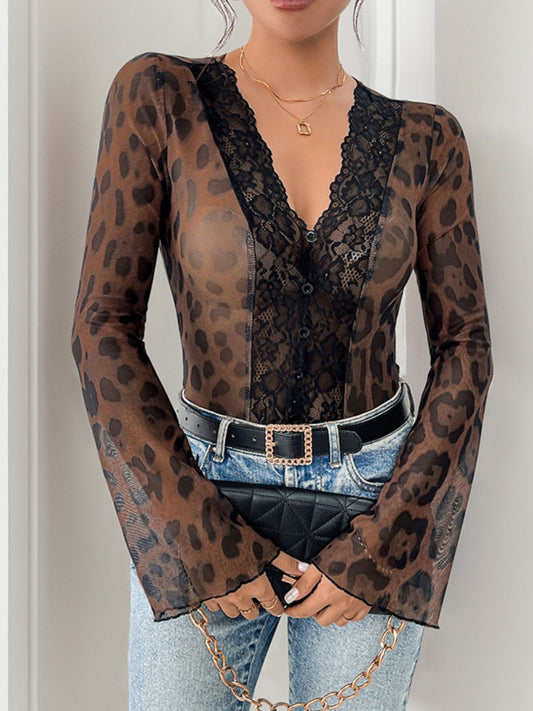 Perfee Leopard V-Neck Lace Bodysuit - Folded Express