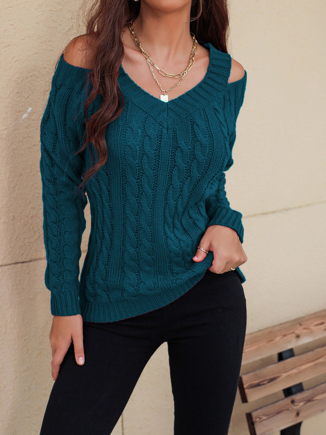 Honey Cable-Knit V-Neck Cold Shoulder Sweater - Folded Express