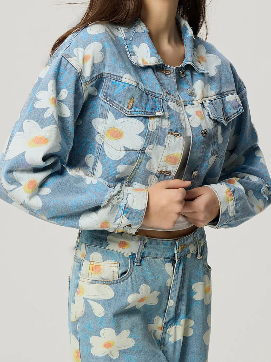 Distressed Raw Hem Floral Collared Neck Denim Top - Folded Express