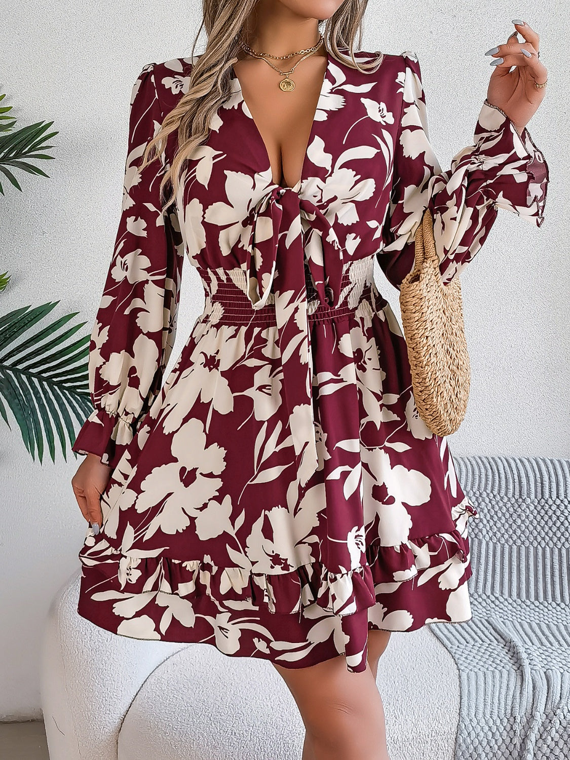 Tied Ruffled Printed Long Sleeve Dress - Folded Express