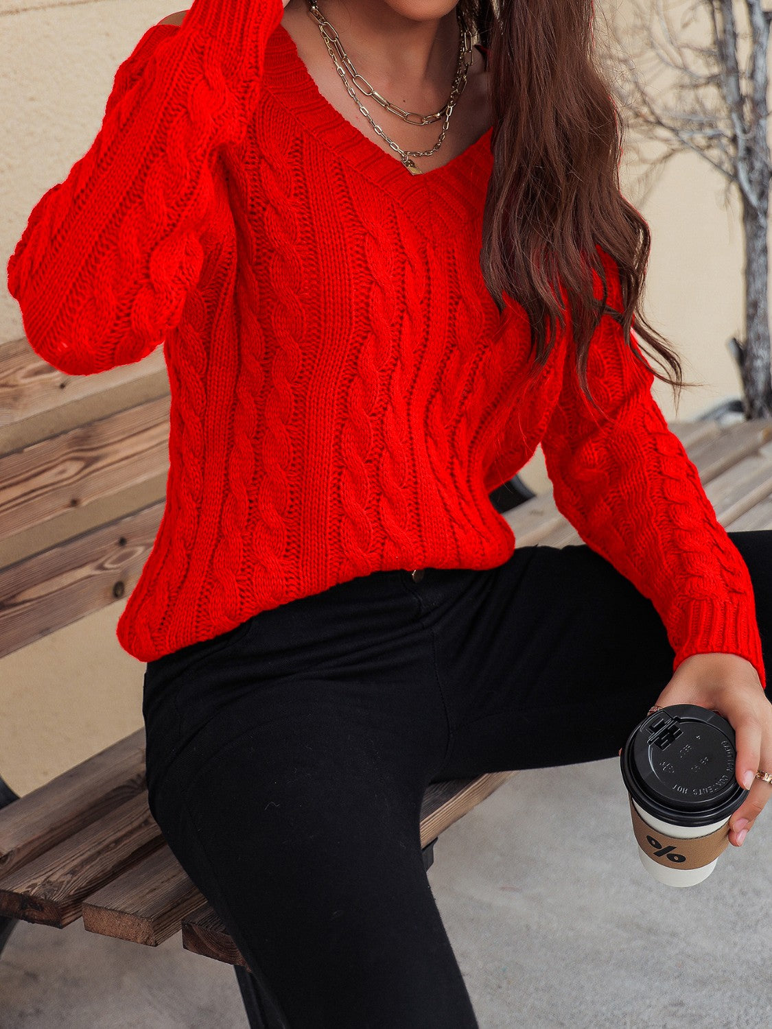 Honey Cable-Knit V-Neck Cold Shoulder Sweater - Folded Express