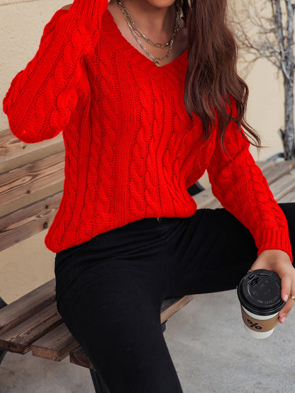 Honey Cable-Knit V-Neck Cold Shoulder Sweater - Folded Express