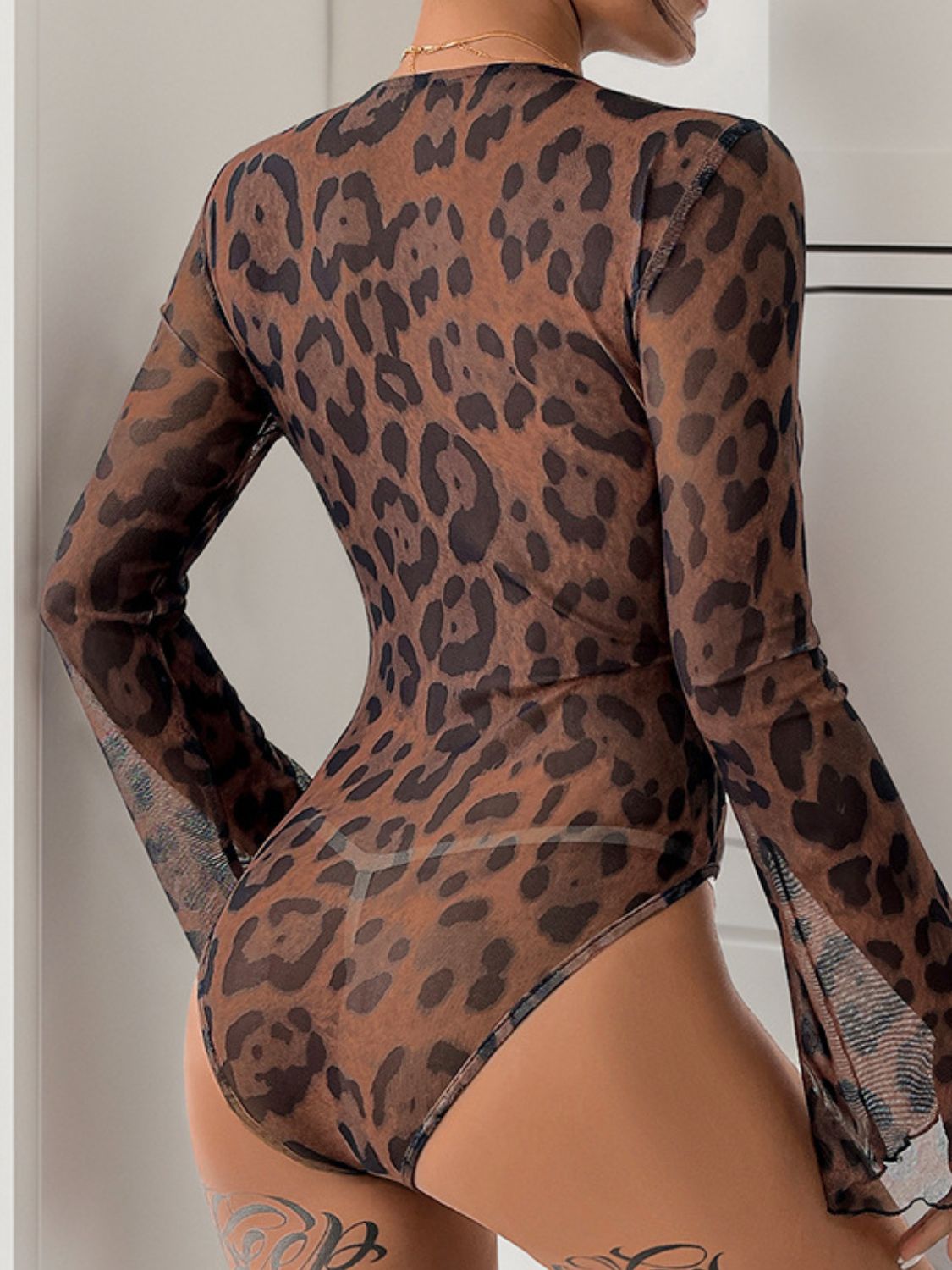 Perfee Leopard V-Neck Lace Bodysuit - Folded Express