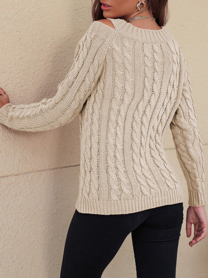 Honey Cable-Knit V-Neck Cold Shoulder Sweater - Folded Express