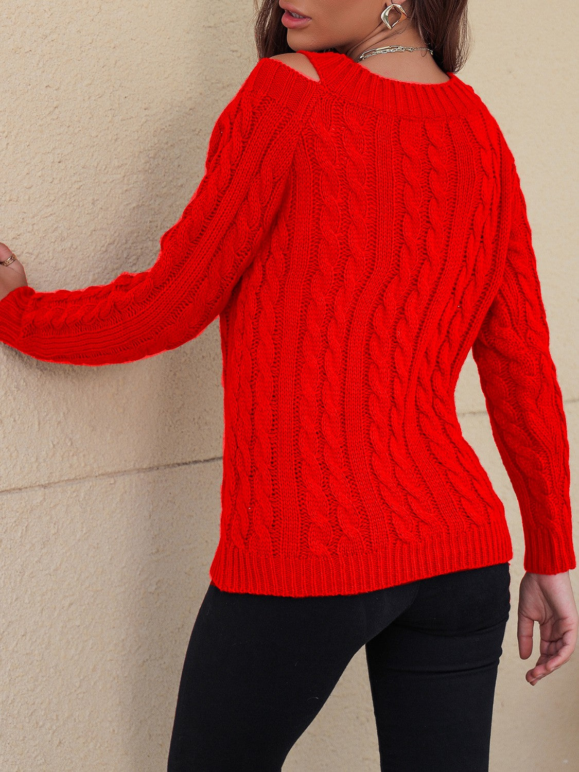 Honey Cable-Knit V-Neck Cold Shoulder Sweater - Folded Express