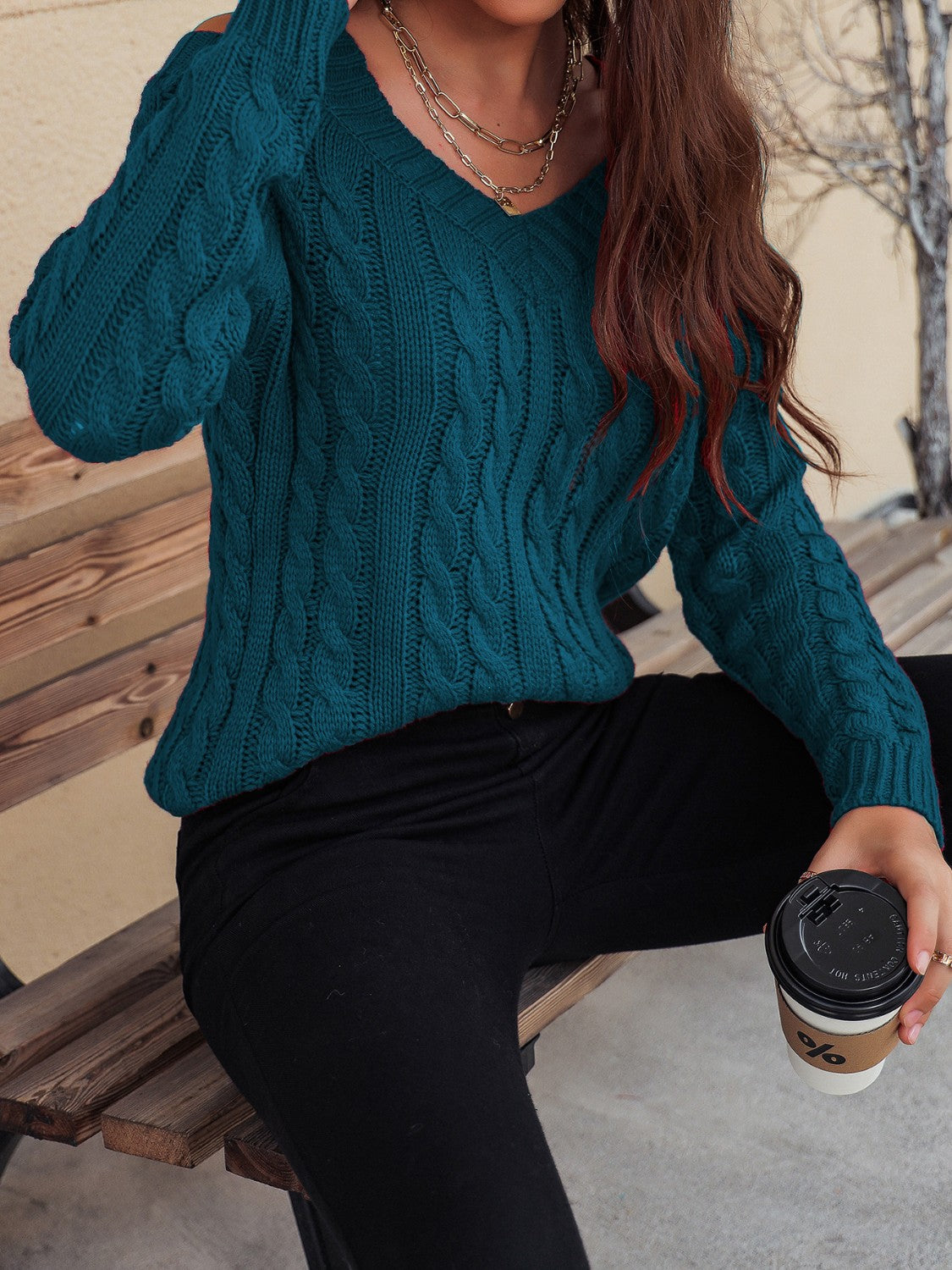 Honey Cable-Knit V-Neck Cold Shoulder Sweater - Folded Express